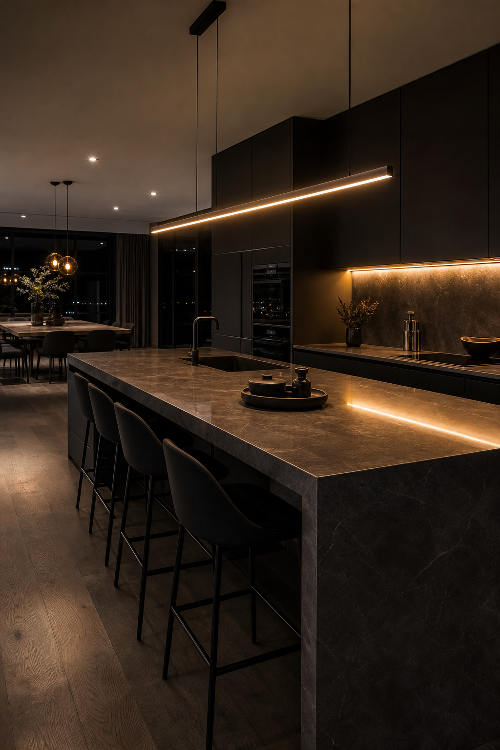 Warm architectural lighting over a modern kitchen island